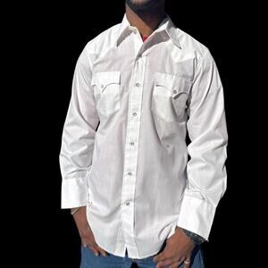 VTG 70s Karman Western Pearl Snap Shirt | White Cowboy Button-Up 15x33